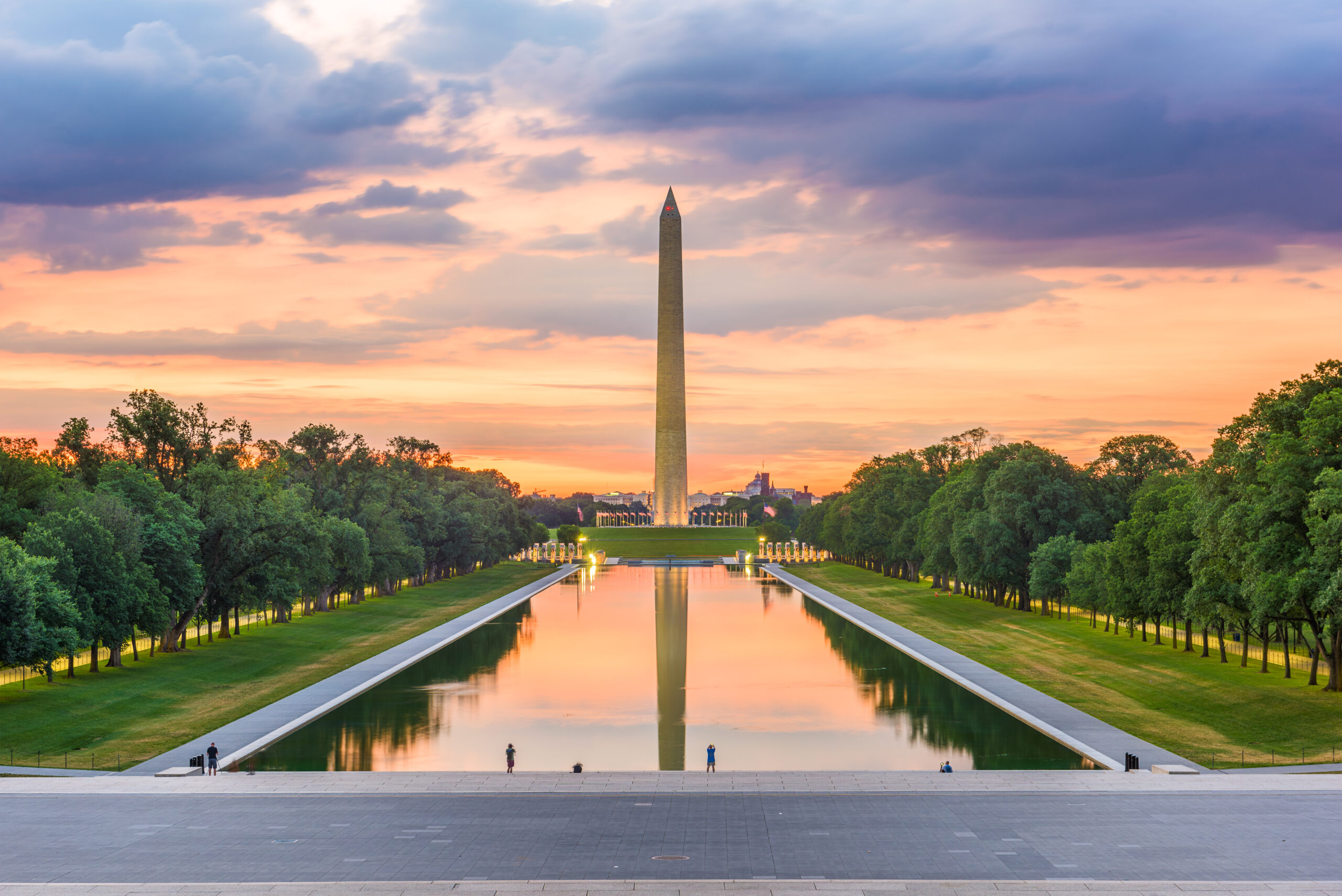 Washington Monument and reflecting pool at dawn